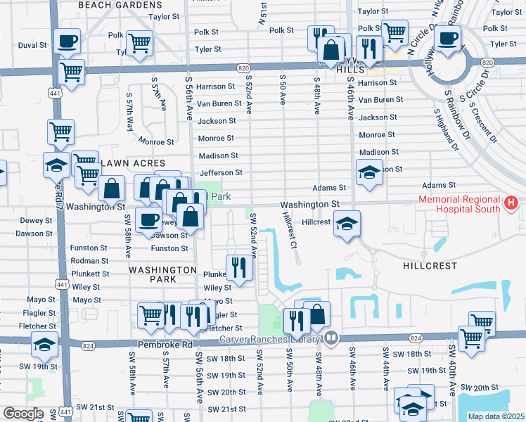 map of restaurants, bars, coffee shops, grocery stores, and more near 5100 Washington Street in Hollywood
