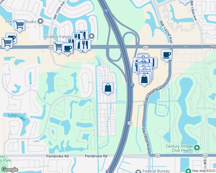 map of restaurants, bars, coffee shops, grocery stores, and more near 634 Southwest 148th Avenue in Pembroke Pines