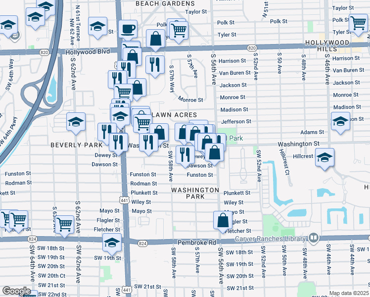 map of restaurants, bars, coffee shops, grocery stores, and more near 5722 Washington Street in Hollywood
