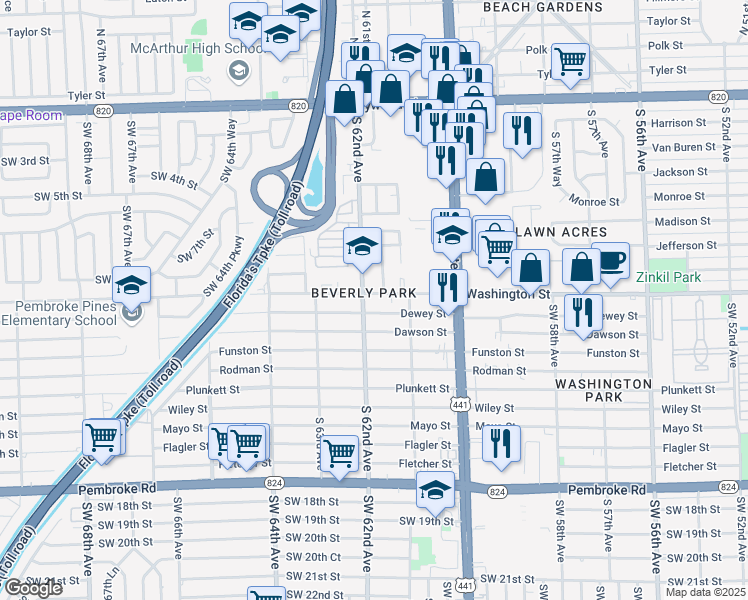 map of restaurants, bars, coffee shops, grocery stores, and more near 6136 Washington Street in Hollywood