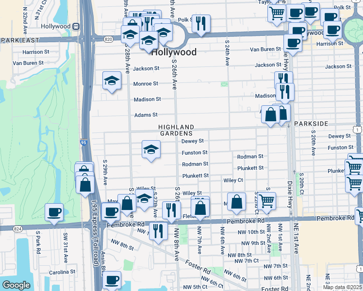 map of restaurants, bars, coffee shops, grocery stores, and more near 2546 Dewey Street in Hollywood