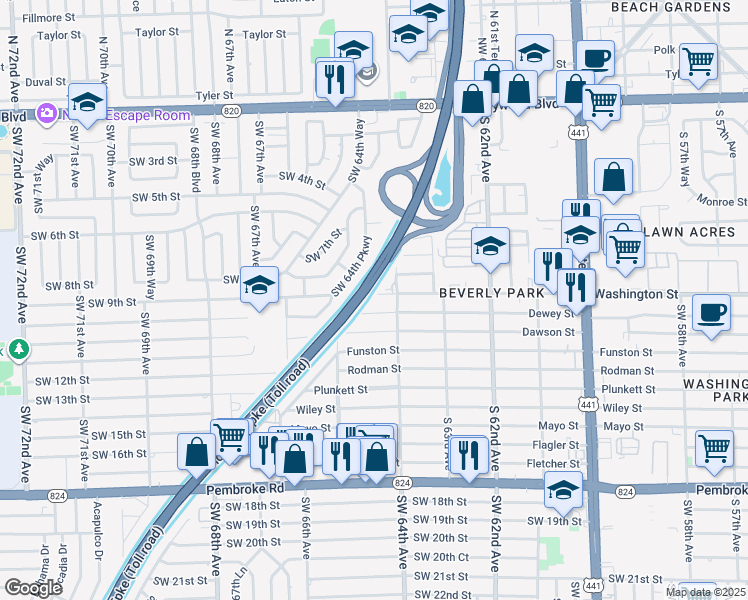 map of restaurants, bars, coffee shops, grocery stores, and more near 6420 Washington Street in Hollywood