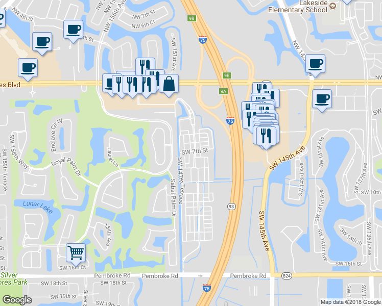 map of restaurants, bars, coffee shops, grocery stores, and more near 702 Southwest 147th Avenue in Pembroke Pines