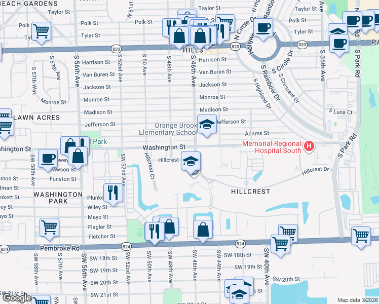 map of restaurants, bars, coffee shops, grocery stores, and more near 4650 Washington Street in Hollywood