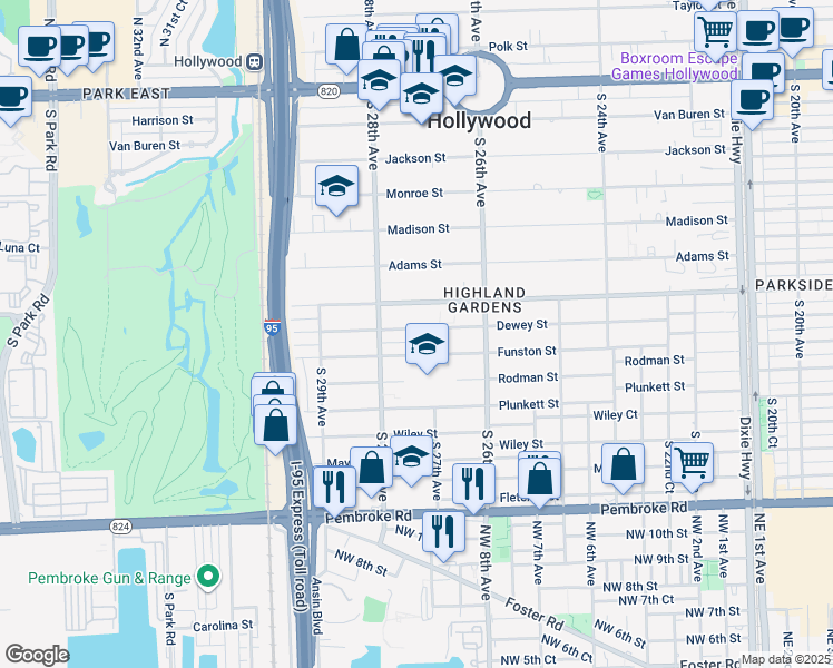 map of restaurants, bars, coffee shops, grocery stores, and more near 2720 Dewey Street in Hollywood