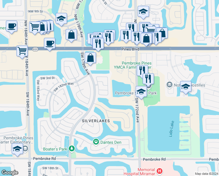 map of restaurants, bars, coffee shops, grocery stores, and more near 561 Southwest 176th Avenue in Pembroke Pines