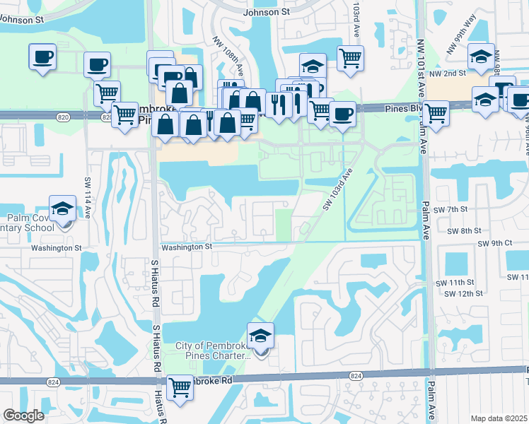map of restaurants, bars, coffee shops, grocery stores, and more near 10647 Southwest 7th Street in Pembroke Pines
