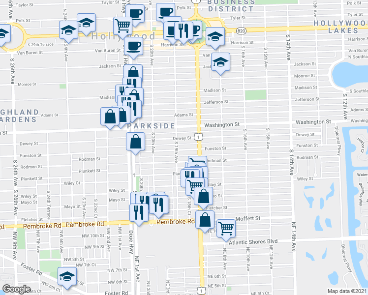 map of restaurants, bars, coffee shops, grocery stores, and more near 1843 Funston Street in Hollywood