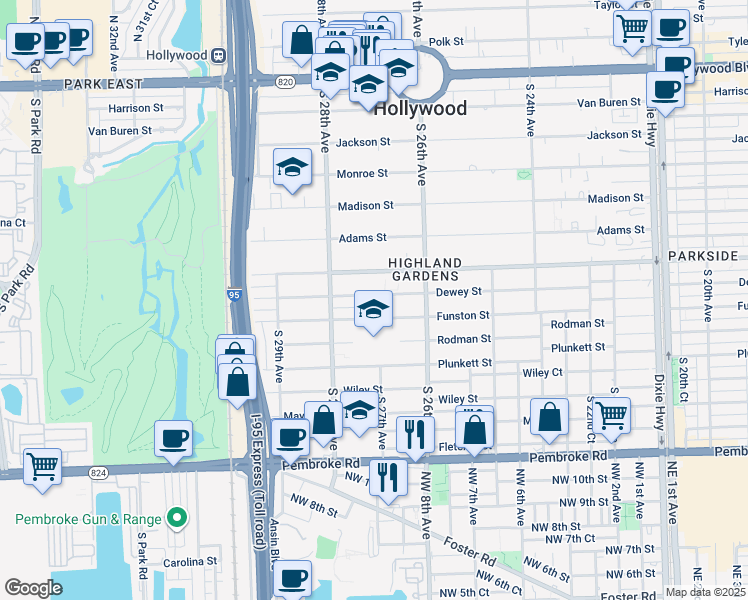 map of restaurants, bars, coffee shops, grocery stores, and more near 2720 Dewey Street in Hollywood