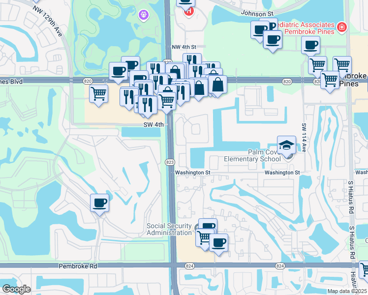 map of restaurants, bars, coffee shops, grocery stores, and more near 12186 Southwest 5th Court in Pembroke Pines