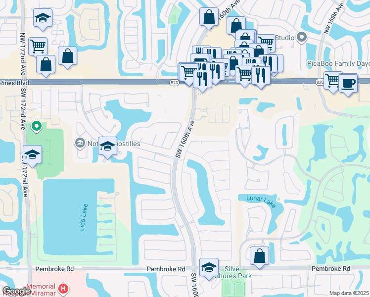 map of restaurants, bars, coffee shops, grocery stores, and more near 394 Southwest 159th Lane in Pembroke Pines
