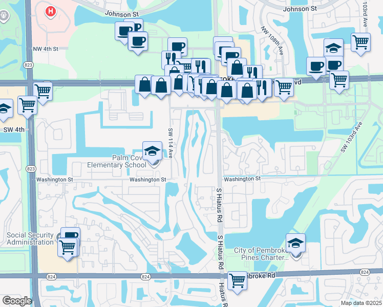 map of restaurants, bars, coffee shops, grocery stores, and more near 655 Southwest 113th Lane in Pembroke Pines