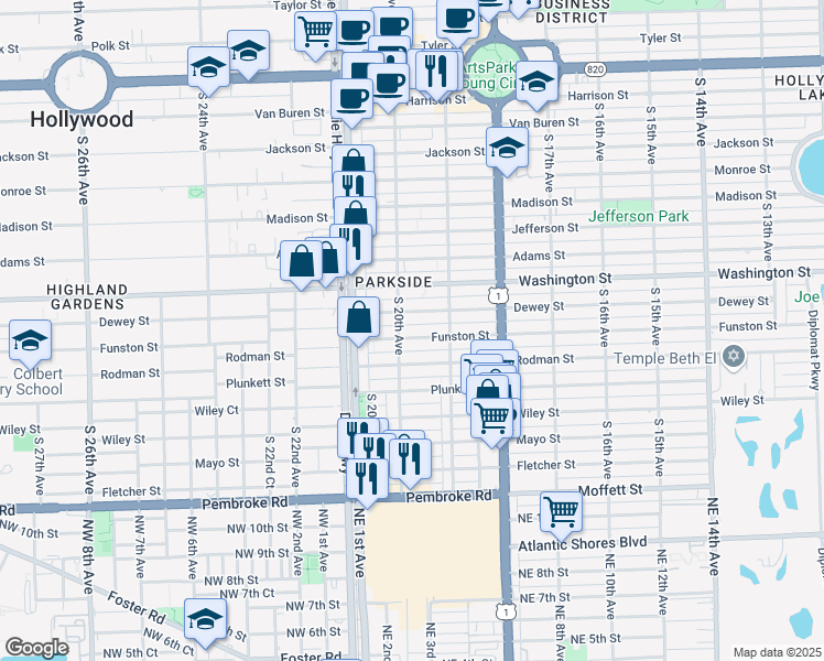 map of restaurants, bars, coffee shops, grocery stores, and more near 1955 Funston Street in Hollywood