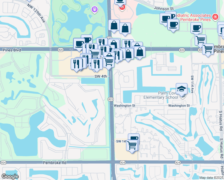 map of restaurants, bars, coffee shops, grocery stores, and more near 601 South Flamingo Road in Pembroke Pines