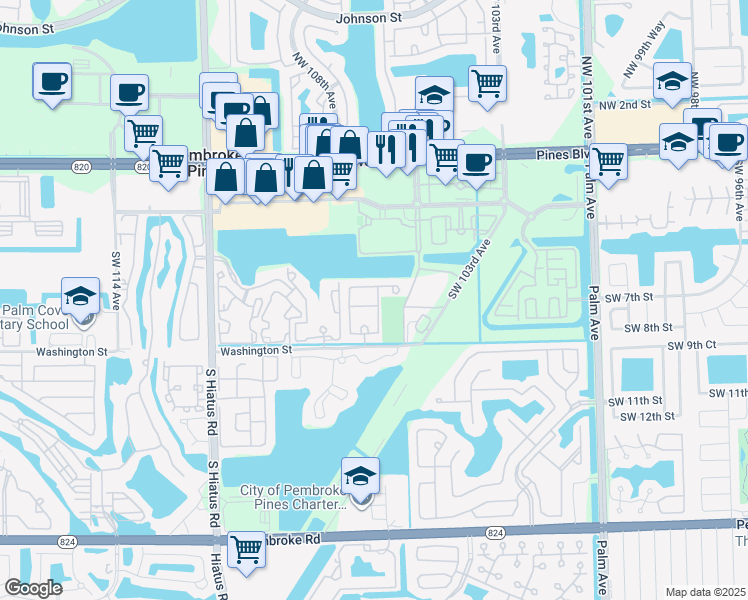 map of restaurants, bars, coffee shops, grocery stores, and more near 654 Southwest 106th Avenue in Pembroke Pines