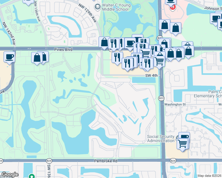 map of restaurants, bars, coffee shops, grocery stores, and more near 12900 Southwest 7th Court in Pembroke Pines