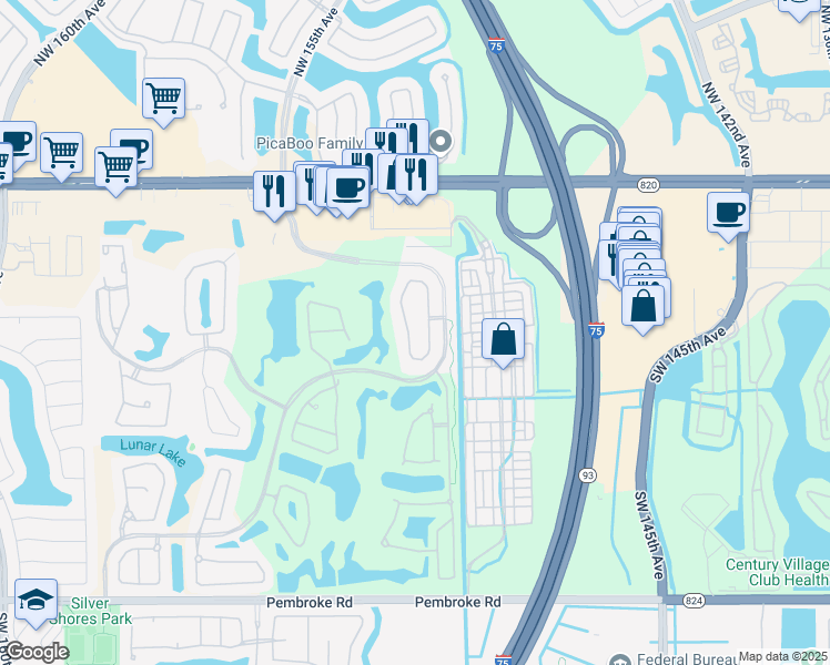 map of restaurants, bars, coffee shops, grocery stores, and more near 721 Cypress Pointe Drive West in Pembroke Pines