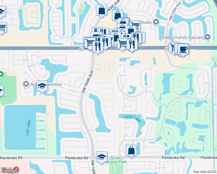 map of restaurants, bars, coffee shops, grocery stores, and more near 15963 Southwest 4th Street in Pembroke Pines