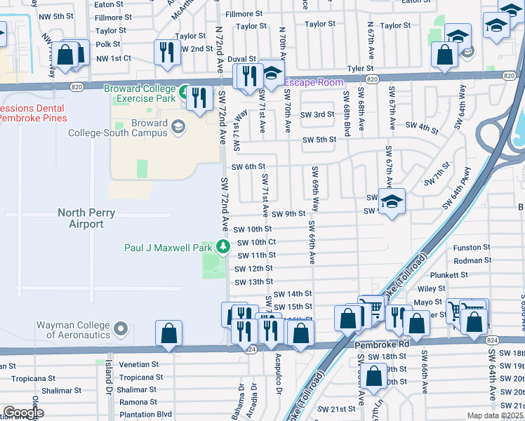 map of restaurants, bars, coffee shops, grocery stores, and more near 7101 Southwest 9th Street in Pembroke Pines