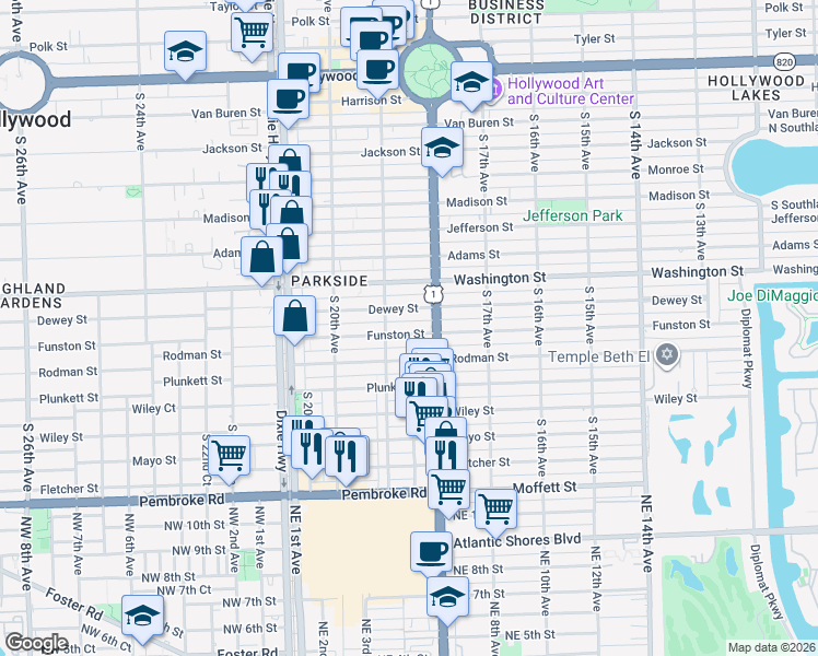map of restaurants, bars, coffee shops, grocery stores, and more near 1817 Funston Street in Hollywood