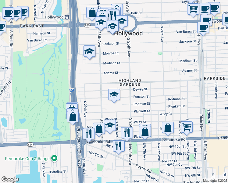 map of restaurants, bars, coffee shops, grocery stores, and more near 2720 Dewey Street in Hollywood