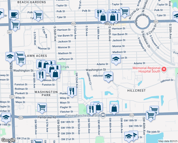 map of restaurants, bars, coffee shops, grocery stores, and more near 4950 Washington Street in Hollywood
