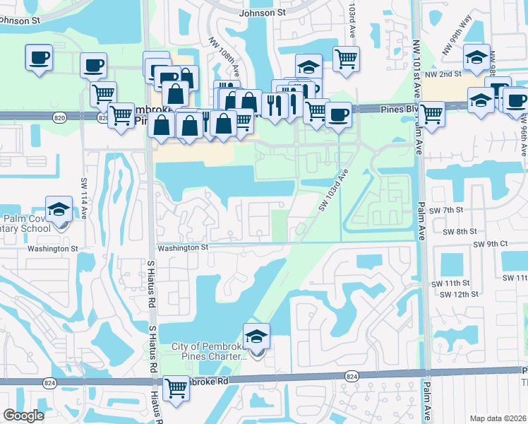 map of restaurants, bars, coffee shops, grocery stores, and more near 662 Southwest 106th Avenue in Pembroke Pines