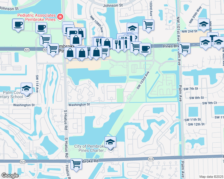 map of restaurants, bars, coffee shops, grocery stores, and more near 662 Southwest 106th Avenue in Pembroke Pines