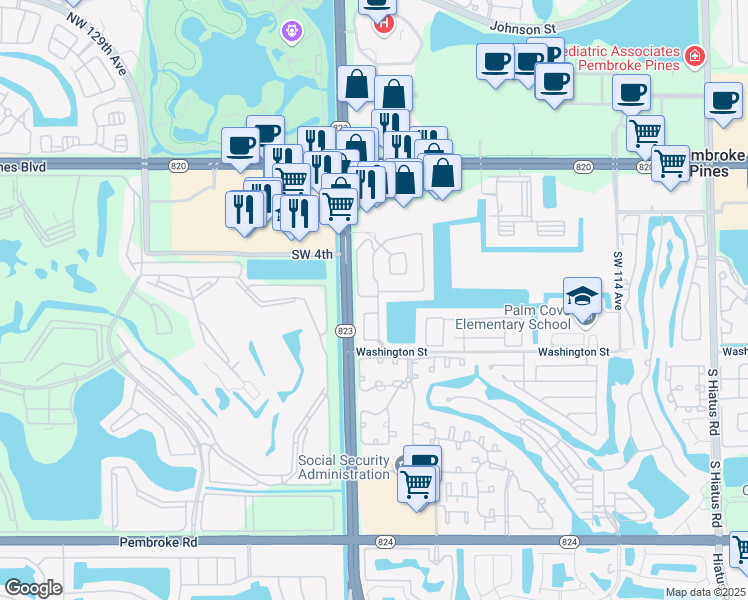 map of restaurants, bars, coffee shops, grocery stores, and more near 12186 Southwest 5th Court in Pembroke Pines