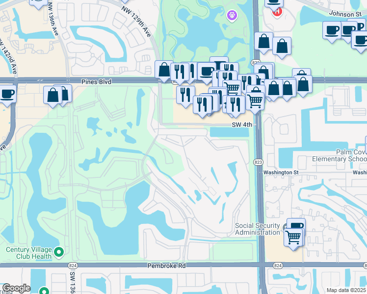map of restaurants, bars, coffee shops, grocery stores, and more near 12900 Southwest 7th Court in Pembroke Pines