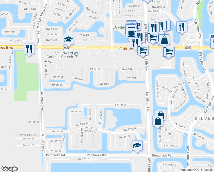 map of restaurants, bars, coffee shops, grocery stores, and more near 18740 Southwest 4th Street in Pembroke Pines