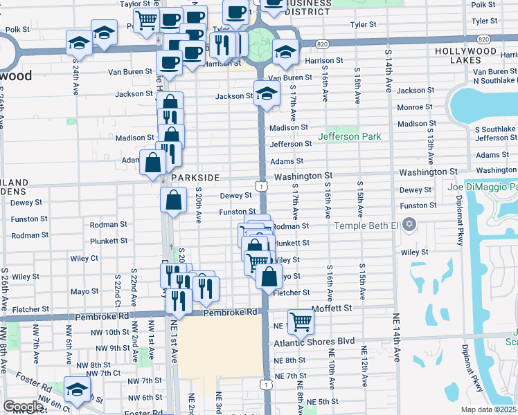 map of restaurants, bars, coffee shops, grocery stores, and more near 1050 South Federal Highway in Hollywood