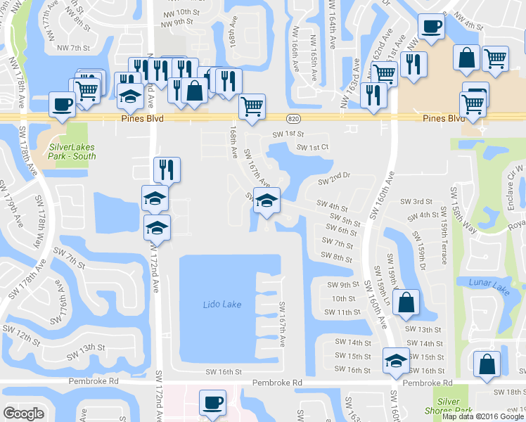 map of restaurants, bars, coffee shops, grocery stores, and more near 600 Southwest 167th Way in Pembroke Pines