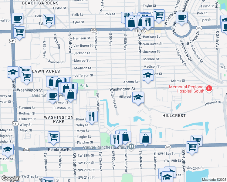 map of restaurants, bars, coffee shops, grocery stores, and more near 4950 Washington Street in Hollywood