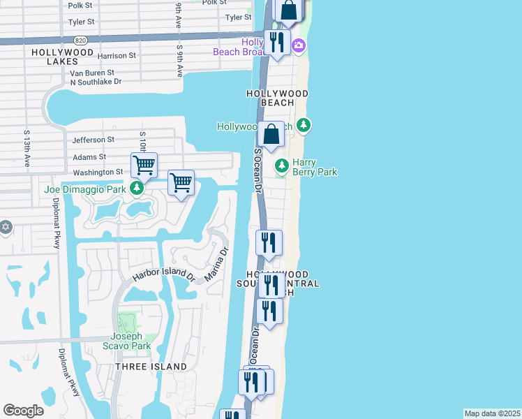 map of restaurants, bars, coffee shops, grocery stores, and more near 1398 South Ocean Drive in Hollywood