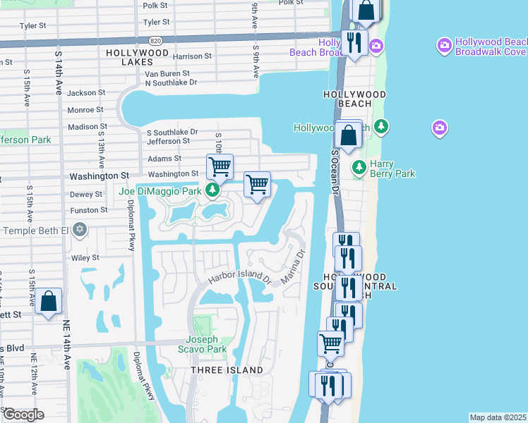 map of restaurants, bars, coffee shops, grocery stores, and more near 1191 Pelican Ln in Hollywood