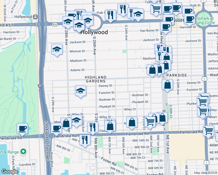 map of restaurants, bars, coffee shops, grocery stores, and more near 2502 Dewey Street in Hollywood