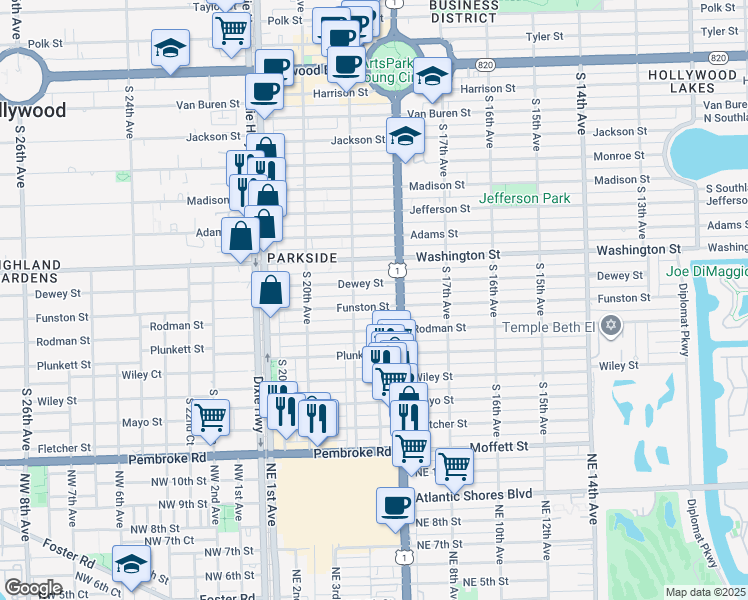map of restaurants, bars, coffee shops, grocery stores, and more near 1817 Funston Street in Hollywood