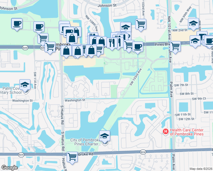 map of restaurants, bars, coffee shops, grocery stores, and more near 662 Southwest 106th Avenue in Pembroke Pines