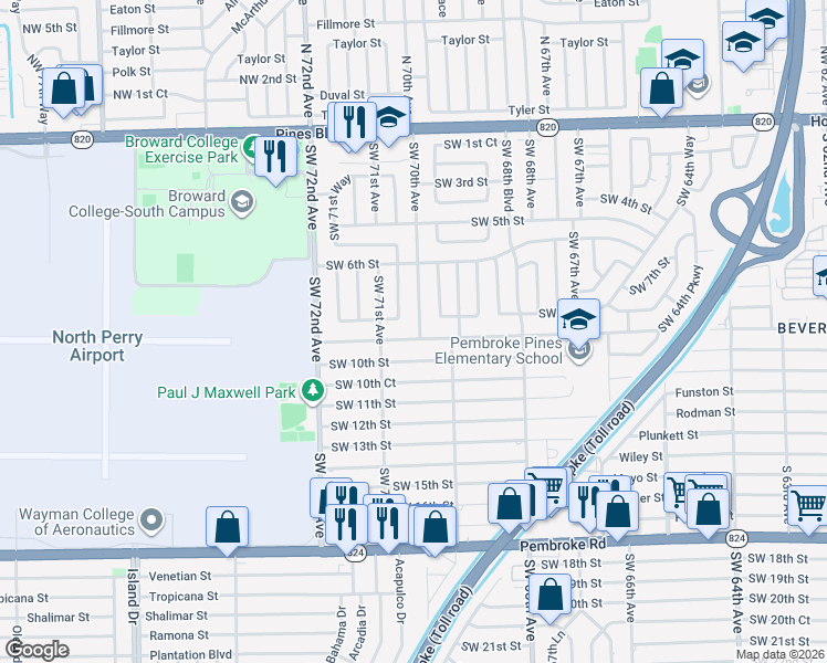 map of restaurants, bars, coffee shops, grocery stores, and more near 7001 Southwest 9th Street in Pembroke Pines