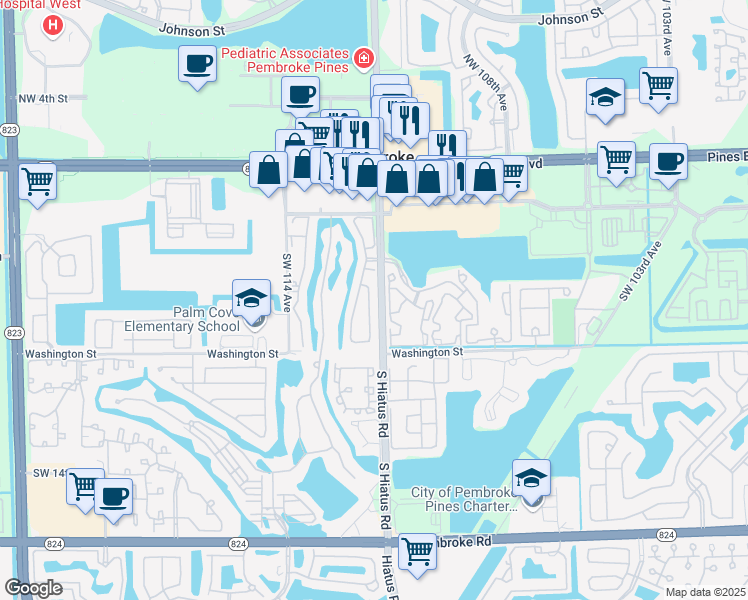 map of restaurants, bars, coffee shops, grocery stores, and more near 601 Southwest 113th Avenue in Pembroke Pines