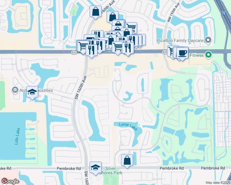 map of restaurants, bars, coffee shops, grocery stores, and more near 762 Southwest 158th Way in Pembroke Pines
