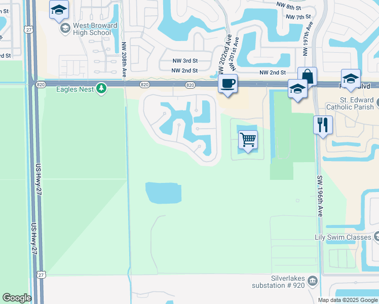 map of restaurants, bars, coffee shops, grocery stores, and more near 20414 Southwest 5th Street in Pembroke Pines