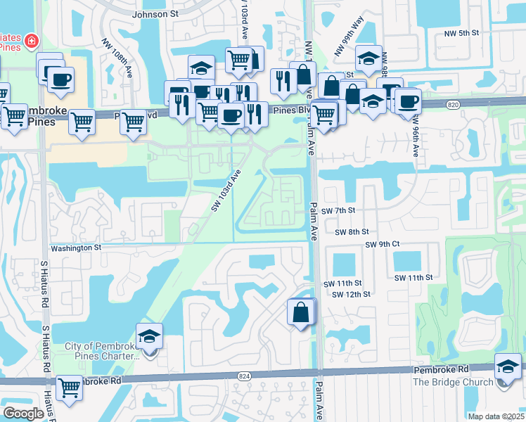 map of restaurants, bars, coffee shops, grocery stores, and more near 730 Southwest 103rd Avenue in Pembroke Pines