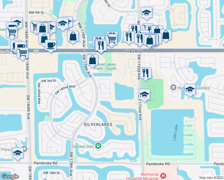 map of restaurants, bars, coffee shops, grocery stores, and more near 561 Southwest 176th Avenue in Pembroke Pines