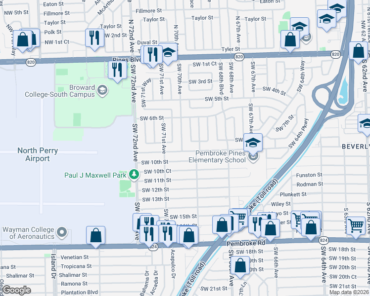 map of restaurants, bars, coffee shops, grocery stores, and more near 7001 Southwest 9th Street in Pembroke Pines