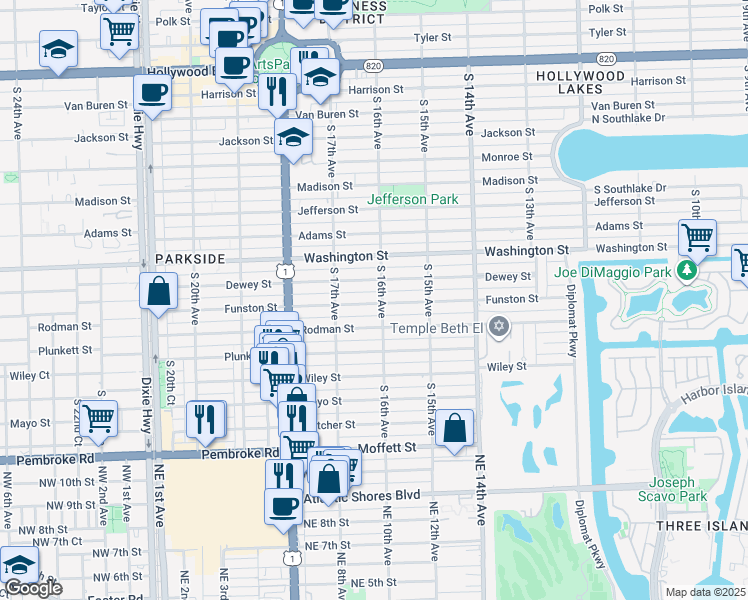 map of restaurants, bars, coffee shops, grocery stores, and more near 1607 Funston Street in Hollywood