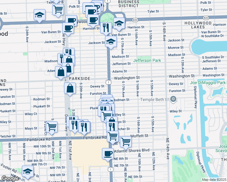 map of restaurants, bars, coffee shops, grocery stores, and more near 1747 Funston Street in Hollywood