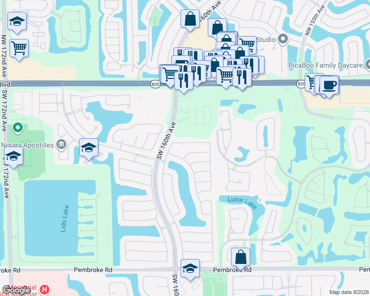 map of restaurants, bars, coffee shops, grocery stores, and more near 15984 Southwest 3rd Street in Pembroke Pines