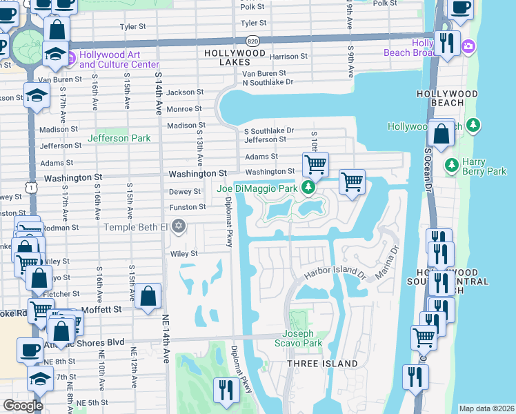 map of restaurants, bars, coffee shops, grocery stores, and more near 1170 Harbor Ct in Hollywood
